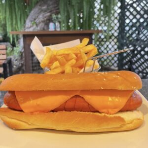 Hot Dog power servido con queso cheedar y papas fritas